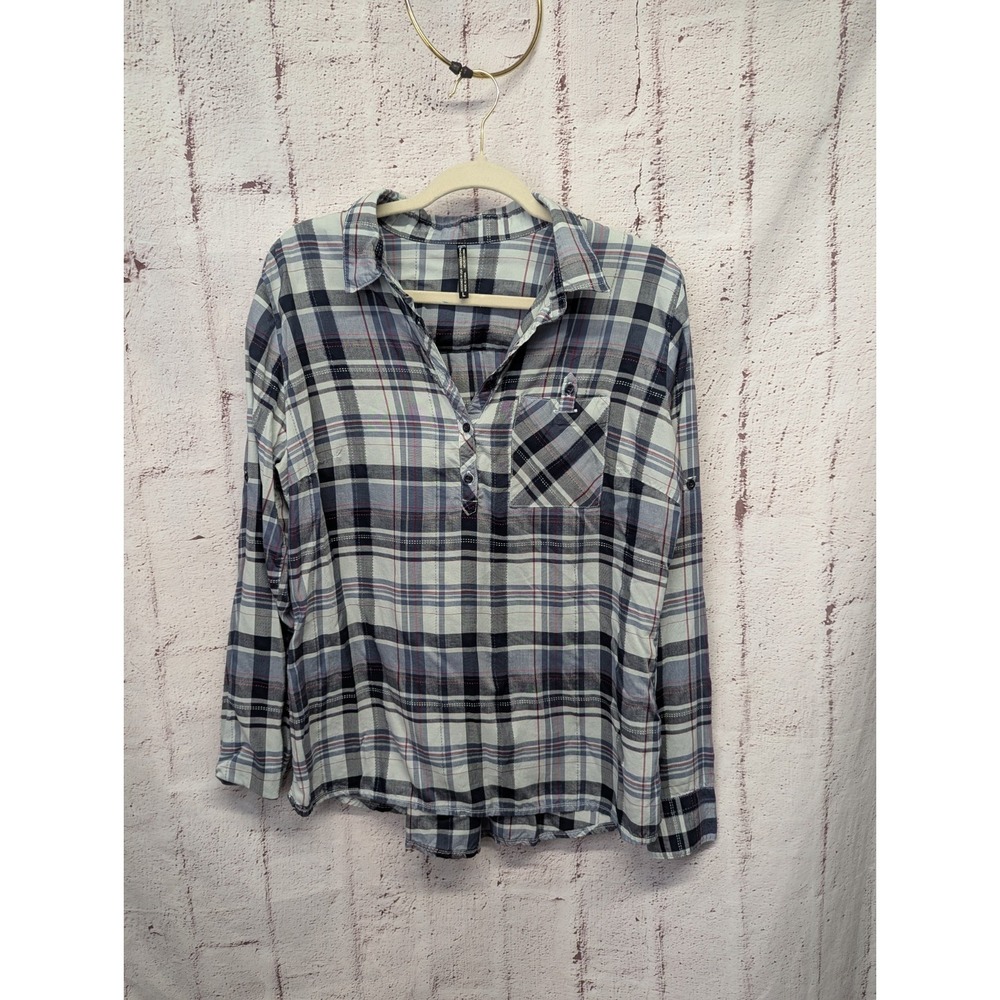 Kuhl Spektra Popover Large Blue Plaid Shirt Comfort Hiking Adventure Travel Roll